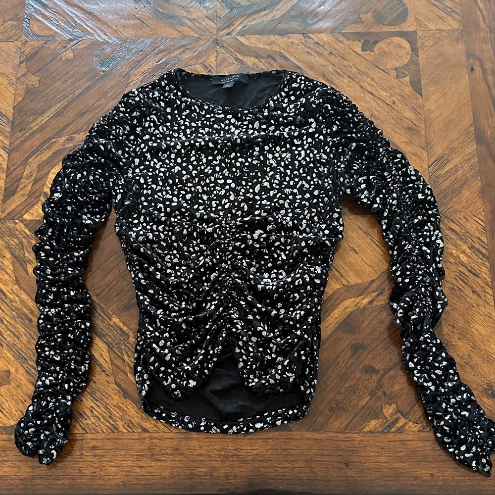 ALL SAINTS Black Velvet and Silver Ruched Top Sz 8